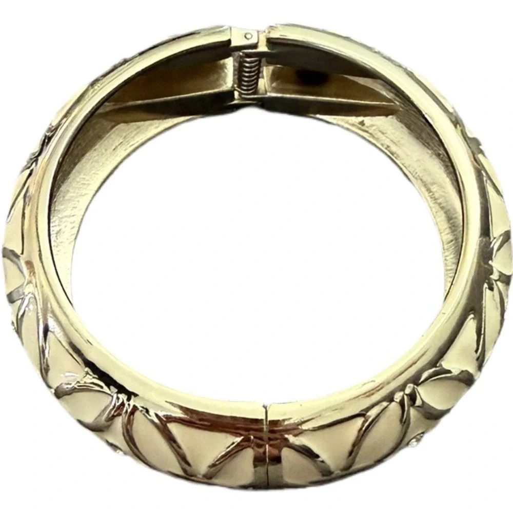 Vintage Rhinestone Enamel Cream Colored Magnet Cuff Bracelet Hinge Bangle